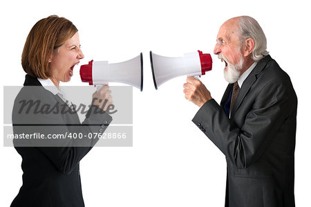 businesswoman and senior male manager with megaphones on white