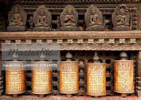 Prayer wheels at swayambhunath monkey temple in Kathmandu, Nepal