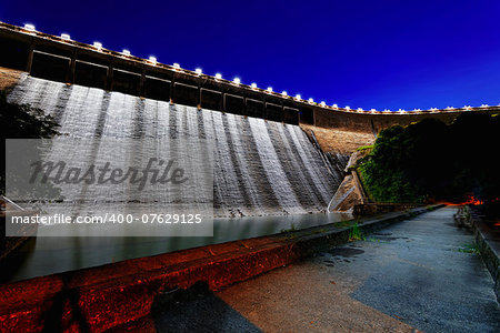 Dam at night and discharge flood water, hong kong