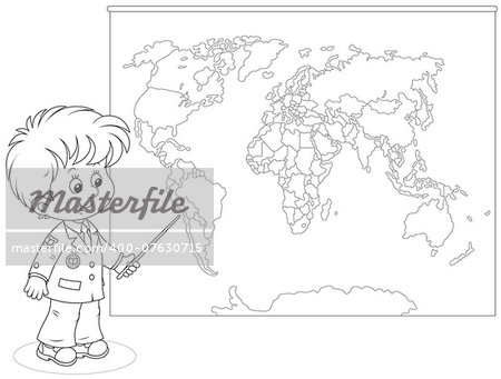 School student points to a country on a map of World