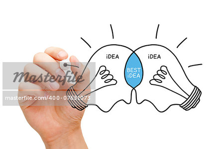Hand sketching Best Idea light bulbs concept with black marker. Teamwork makes the best ideas.