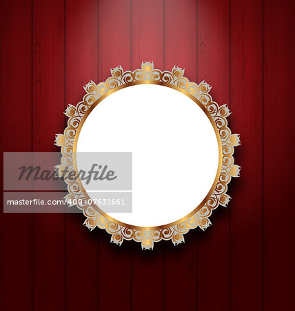 Illustration ornate picture frame on wooden wall - vector