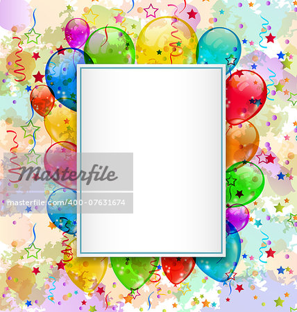 Illustration birthday card with balloons and confetti - vector