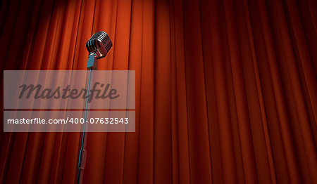 3d retro microphone on red curtain background, low angle view