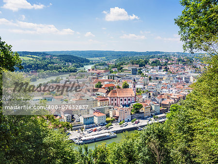 View to Passau in Germany with river Danube and Inn in Summer