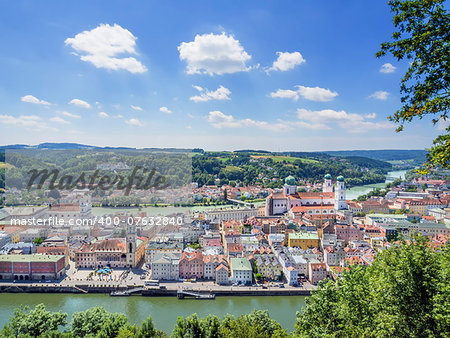 View to Passau in Germany with rivers Danube and Inn in Summer