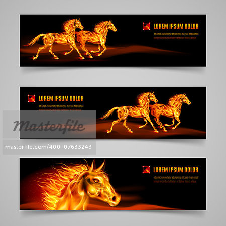 Set of banners with horses in orange flame