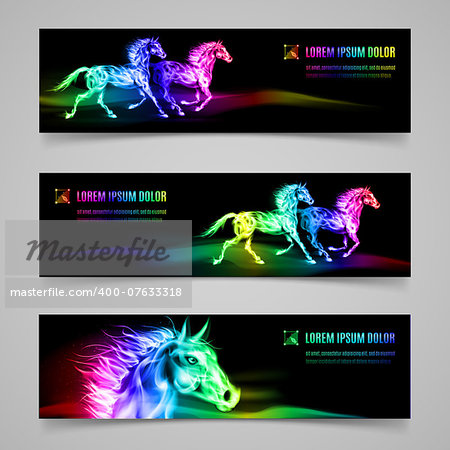 Set of banners with horses in multicolored flame
