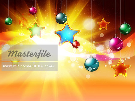 Christmas decorations on glowing orange background with starburst.