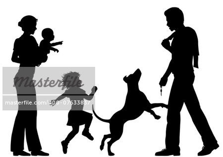 Editable vector silhouettes of a man welcomed home by wife, children and dog with all figures as separate objects