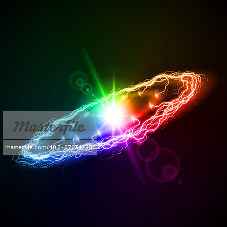 Powerful ring lightening in rainbow colors on dark background with bright sparkle in the center