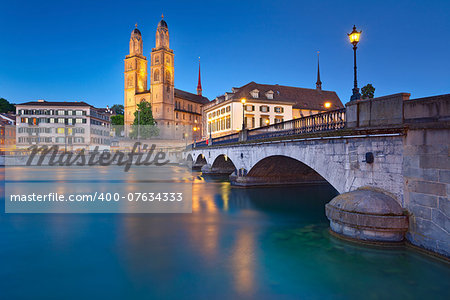 Image of Zurich, capital of Switzerland, during twilight blue hour.