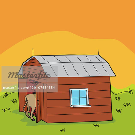 Rural scene with barn and animal rear end