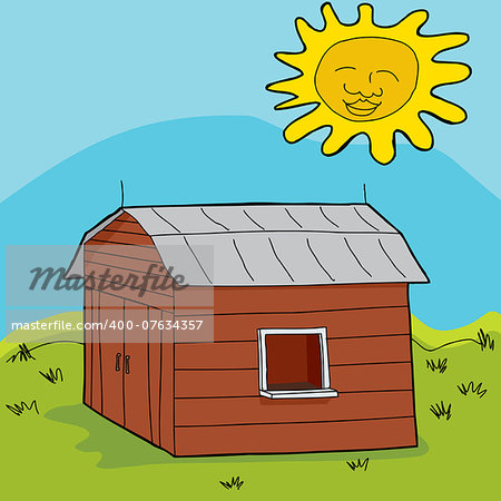 Smiling sun over barn with open window and counter