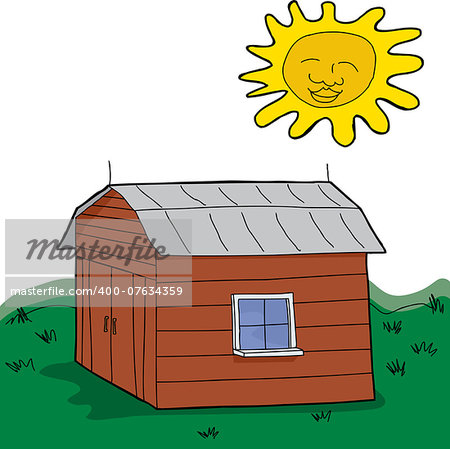 Sun over green pasture with closed barn