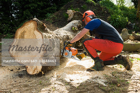 Young male tree surgeon kneeling whilst using chainsaw
