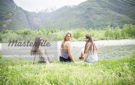 Portrait of three female friends next to Toce river, Piemonte, Italy