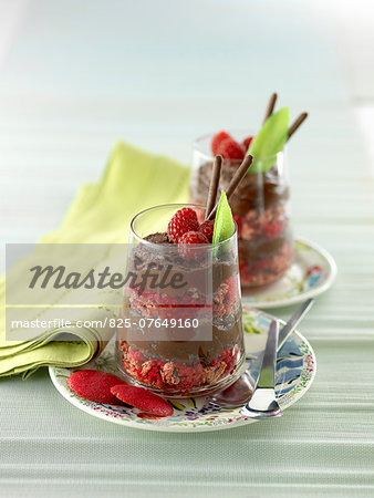 Chocolate mousse with raspberry macaroons