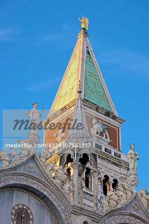 Campanile and detail of the facade of the Basilica di San Marco, dating from the 11th century, Piazza San Marco, San Marco, Venice, UNESCO World Heritage Site, Veneto, Italy, Europe