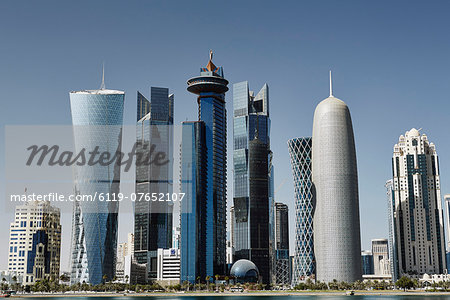 Downtown Doha with its impressive skyline of skyscrapers, Doha, Qatar, Middle East