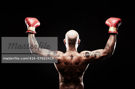 Boxer with arms raised, rear view