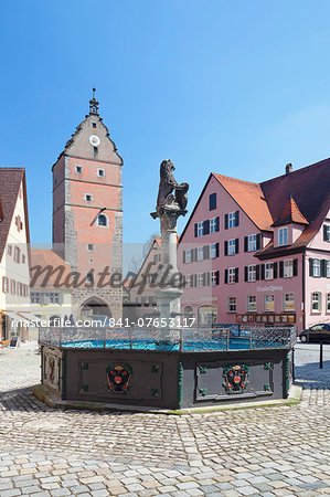 Fountain at the marketplace with Wornitz Turm Tower, Dinkelsbuhl, Romantic Road (Romantische Strasse), Franconia, Bavaria, Germany, Europe