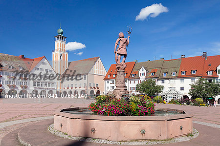 Neptun Fountain, Town Hall, market place, Freudenstadt, Black Forest, Baden Wurttemberg, Germany, Europe