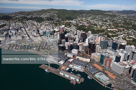 Aerial view of Wellington city centre and Queens Wharf, Wellington, North Island, New Zealand, Pacific