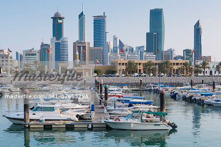 City skyline viewed from Souk Shark Mall and Kuwait harbour, Kuwait City, Kuwait, Middle East
