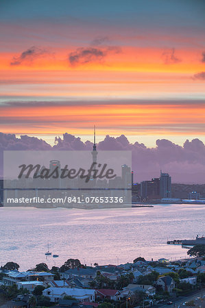 View of Auckland and Devonport at sunset, Auckland, North Island, New Zealand, Pacific