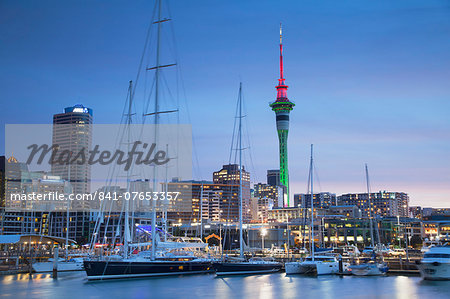 Viaduct Harbour and Sky Tower at dusk, Auckland, North Island, New Zealand, Pacific