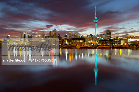 Sky Tower and city at dawn from Westhaven Marina, Auckland, North Island, New Zealand, Pacific
