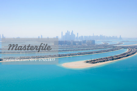 Aerial View of Palm Jumeirah with Skyscrapers in background, Dubai, United Arab Emirates
