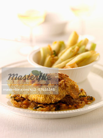 Rabbit coated in breadcrumbs with sage,fennel and celeriac