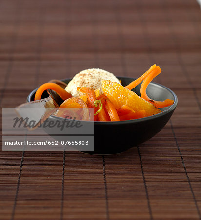 Carrot and orange salad with citronella and cinnamon,vanilla ice cream