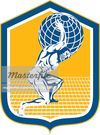 Illustration of Atlas carrying globe world earth on shoulders set inside shield done in retro style.