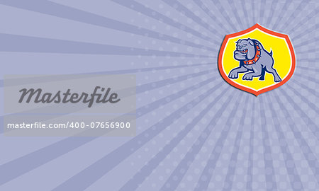 Business card showing illustration of an bulldog dog mongrel attacking set inside shield crest done in retro style on isolated background.