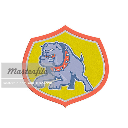 Metallic styled illustration of an bulldog dog mongrel attacking set inside shield crest done in retro style on isolated background.