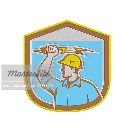 Metallic styled illustration of an electrician construction worker holding a lightning bolt set inside shield crest done in retro style on isolated background.