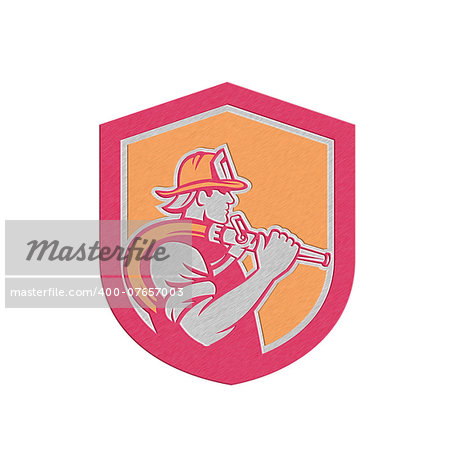 Metallic styled illustration of a fireman fire fighter emergency worker holding fire hose over his shoulder viewed from the side set inside shield crest done in retro style.