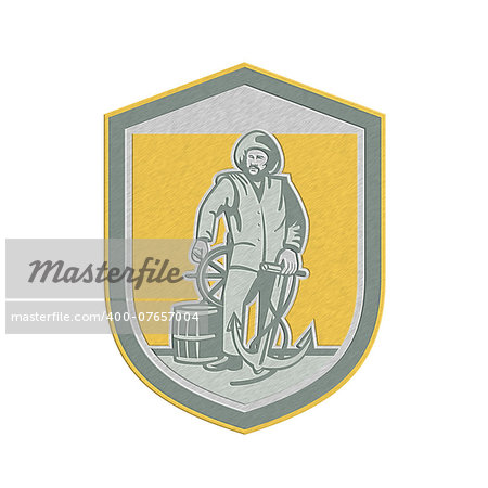 Metallic styled illustration of a fisherman sea captain holding anchor at the helm with steering wheel and drum set inside shield crest done in retro style.