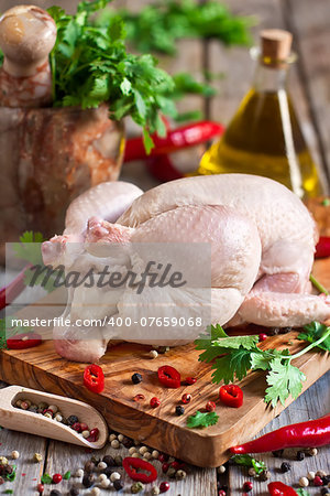 Raw chicken with spices and cilantro ready to be prepared