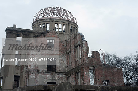 View of the stark ruins of the Hiroshima Atom Bomb Dome, one of the few buildings left standing after the bombing of Hiroshima, now part of the Peace Memorial known as the Genbaku Dome or A-Bomb Dome