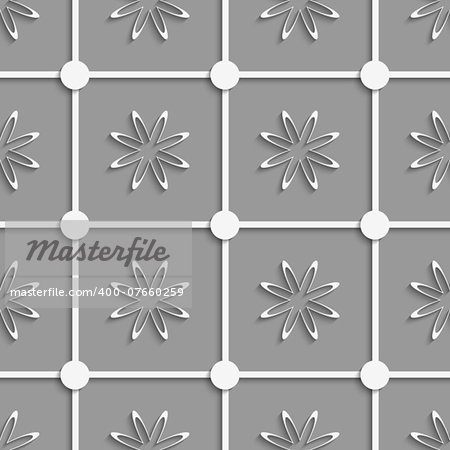 Abstract 3d seamless background. White dots and flowers cut out o paper with shadow on gray background.