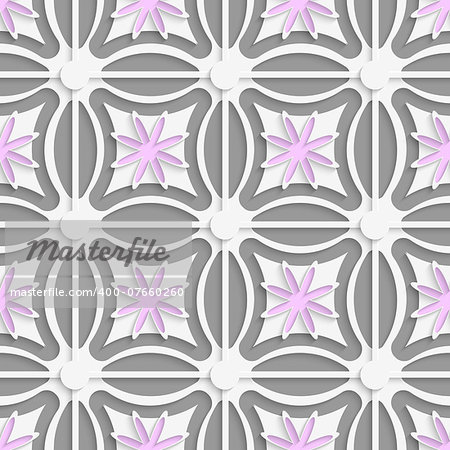 Abstract 3d seamless background. White dots and pink flowers cut out o paper with shadow on gray background.