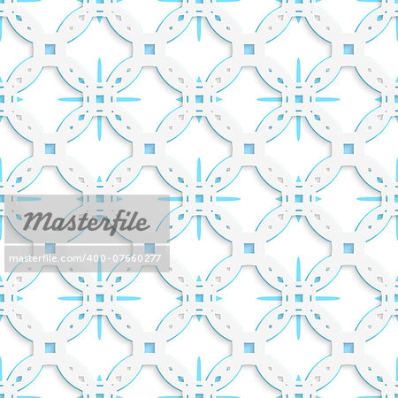 Abstract 3d geometrical seamless background. White perforated ornament with blue snowflakes under and cut out of paper effect.