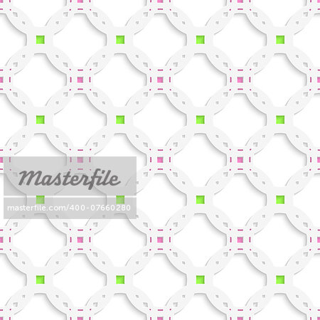 Abstract 3d geometrical seamless background. White perforated ornament with green pink and cut out of paper effect.