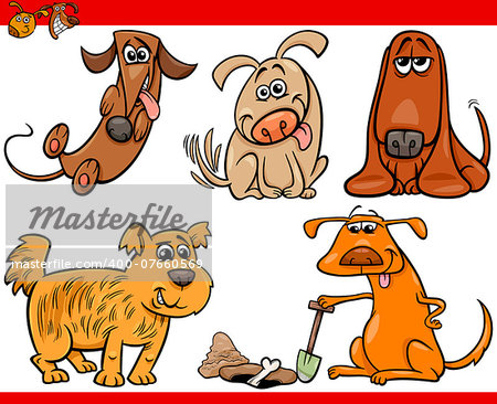 Cartoon Illustration of Happy Dogs or Puppies Pets Set