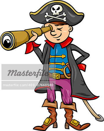 Cartoon Illustration of Funny Pirate or Corsair Captain Boy with Spyglass and Jolly Roger Sign