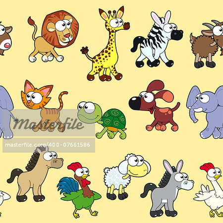 Group of animals with background. The sides repeat seamlessly for a possible packaging or graphic